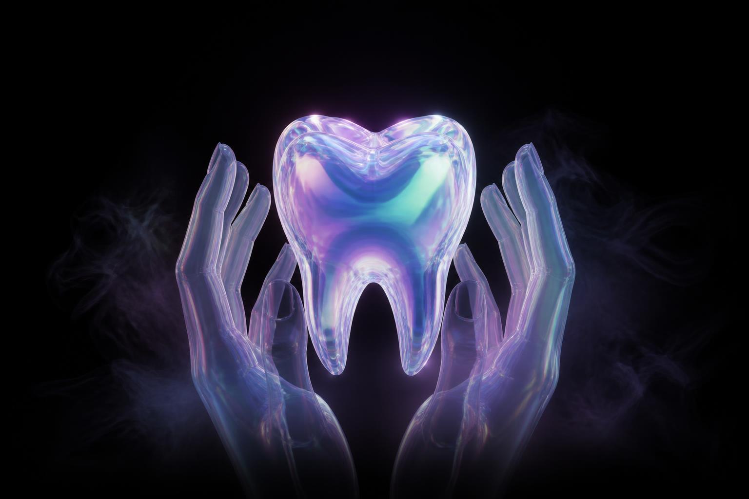 Diente holográfico sostenido por dos manos, símbolo del cuidado dental de Curident